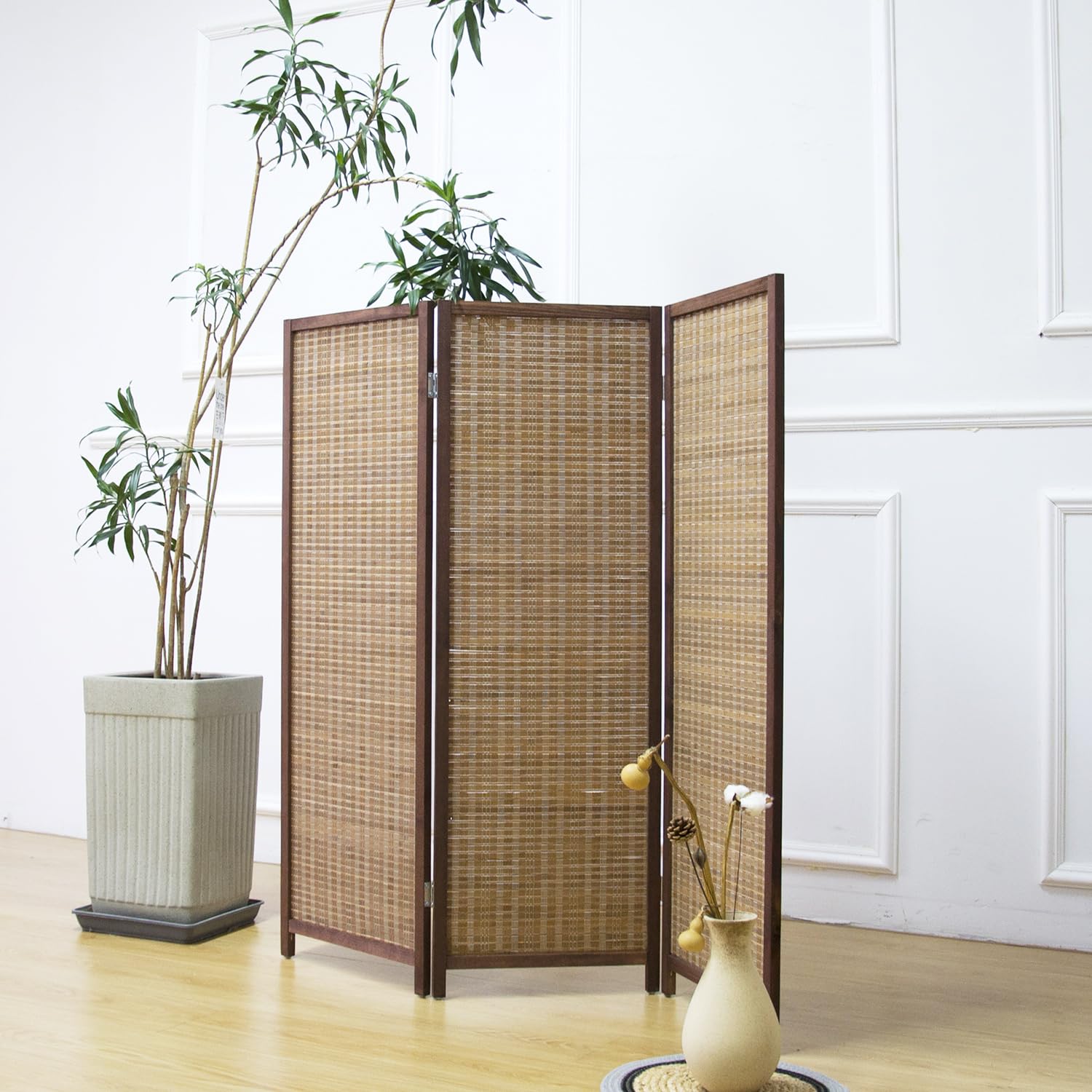 Furnnylane 3 Panel Bamboo Room Divider Short Folding Screen Divider,Double Sided Bamboo Divider Screen for Room Separation,Brown,120 cm H x 117 cm W