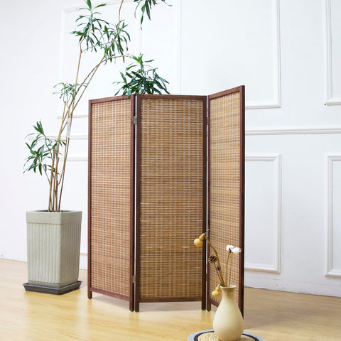 Furnnylane 3 Panel Bamboo Room Divider Short Folding Screen Divider,Double Sided Bamboo Divider Screen for Room Separation,Brown,120 cm H x 117 cm W