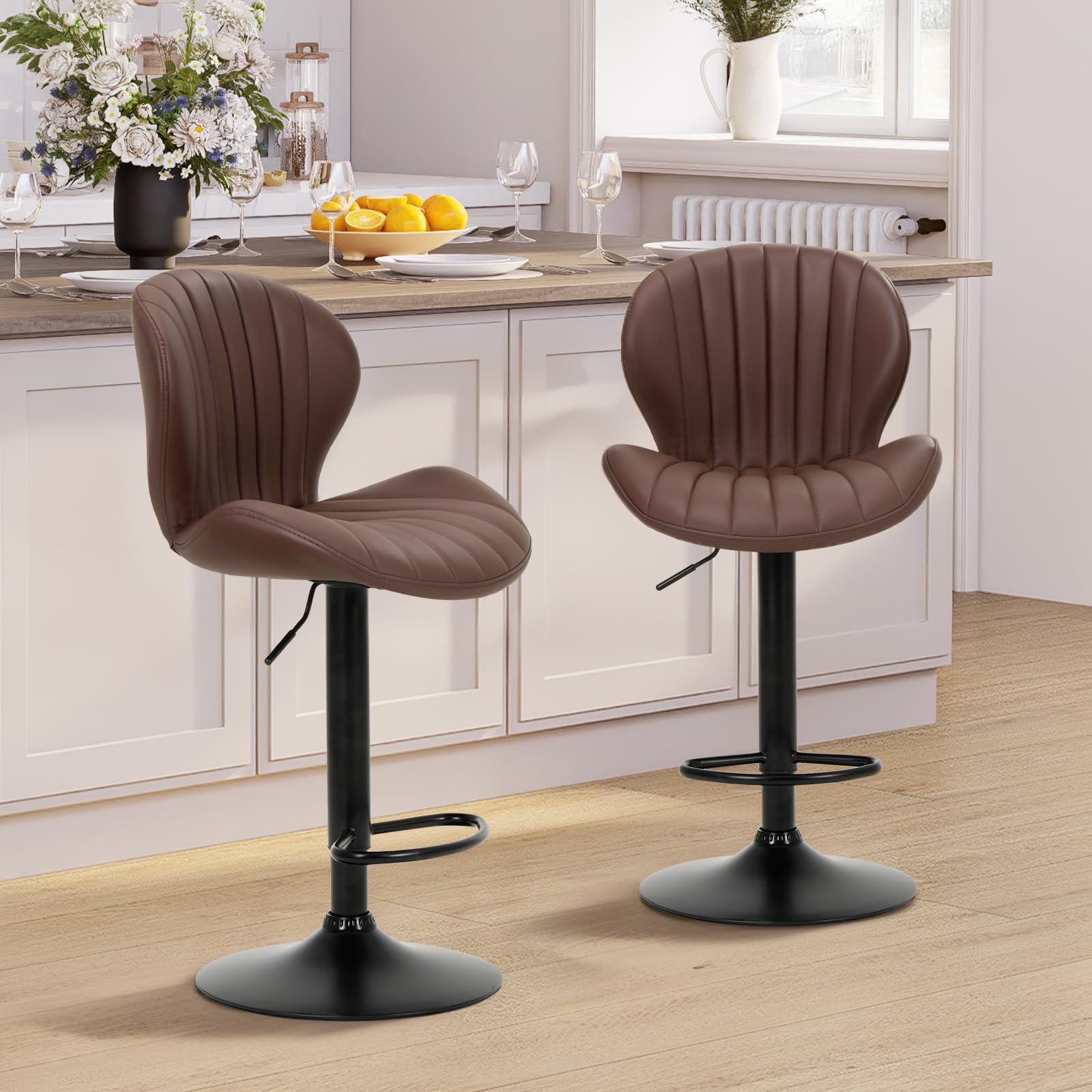COLAMY Breakfast Bar Stools Set of 2, Modern Swivel Kitchen Bar Chairs, Adjustable PU Leather Upholstered Barstools Counter Height with High Backrest