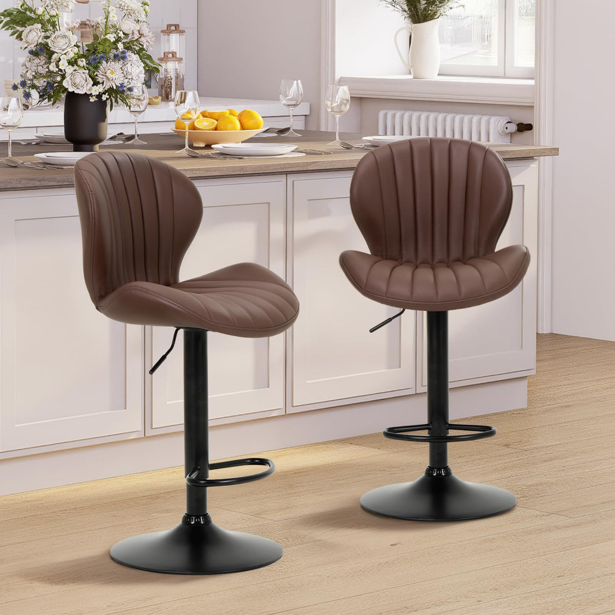COLAMY Breakfast Bar Stools Set of 2, Modern Swivel Kitchen Bar Chairs, Adjustable PU Leather Upholstered Barstools Counter Height with High Backrest