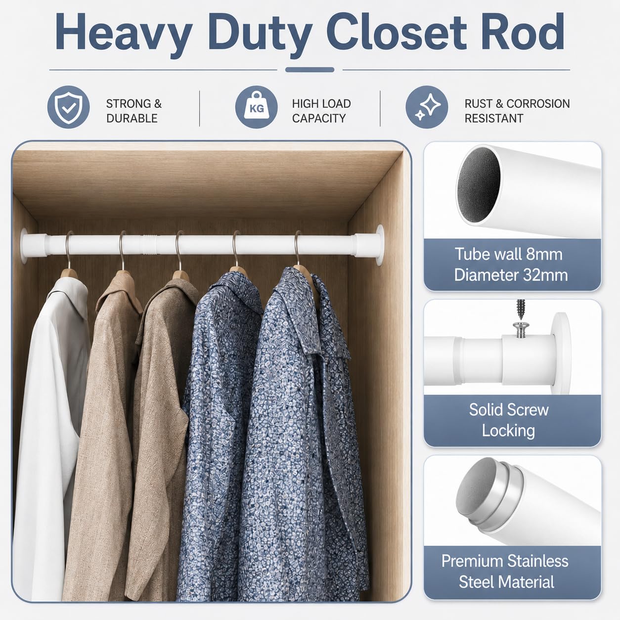 Wardrobe Pole, Wardrobe Rail Adjustable Clothes Rail with Screws and Sockets, Hanging Rod for Wardrobe and Bedroom, 85-160CM/Diameter 32MM，Black