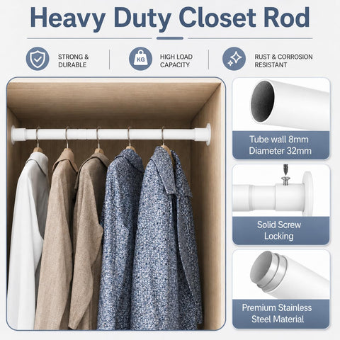 Wardrobe Pole, Wardrobe Rail Adjustable Clothes Rail with Screws and Sockets, Hanging Rod for Wardrobe and Bedroom, 85-160CM/Diameter 32MM，Black