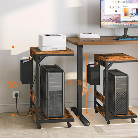 HOOBRO Computer Tower Stand, Printer Stand with Charging Station on Wheels, Height Adjustable PC Stand with 2 Hooks and 1 Fabric Pocket