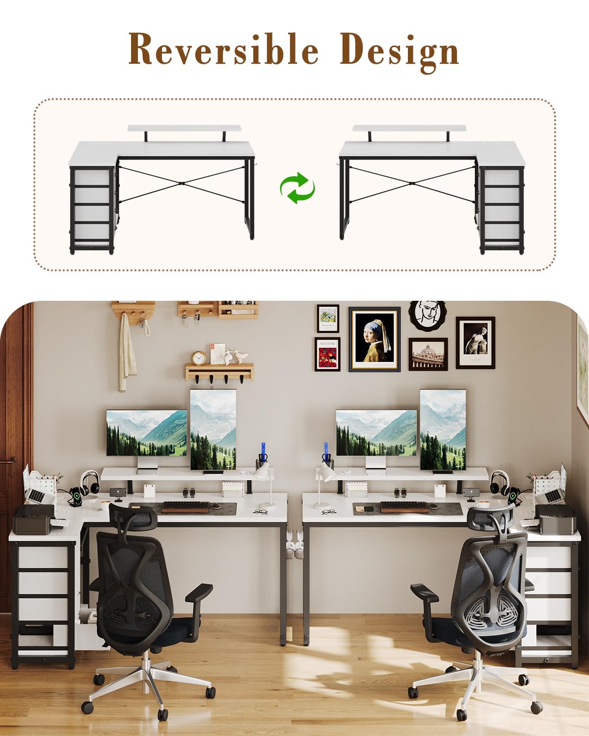 JUMMICO L Shaped Desk with 4 Drawers,140x80cm Computer Corner Desks with Power Outlets & USB Charging Port