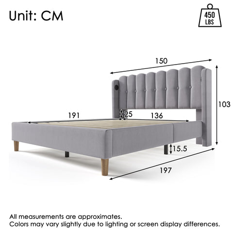 Merax Double bed frame, 4ft6 Double Upholstered Kids Bed, with USB and Type-C Charging, Sturdy Wooden Slatted Frame, No Mattress
