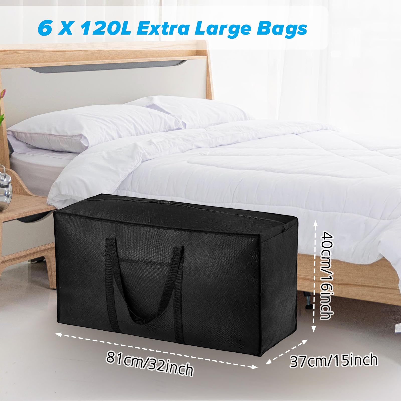 iespell 6 Pack 120L Large Moving Boxes with Lid, Storage Bags, Heavy Duty with Zips and Handles for Moving House, Clothes, Duvet, Underbed