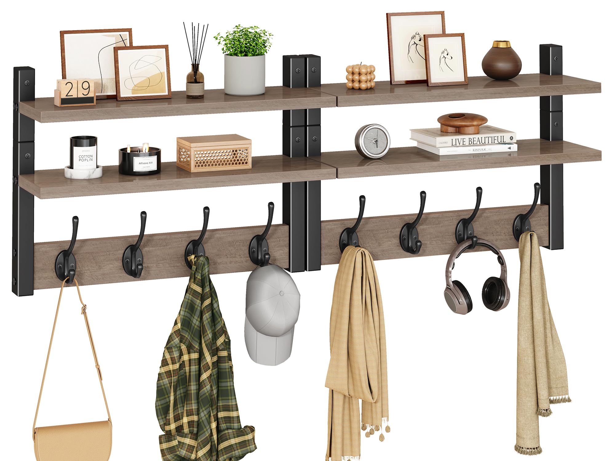 YMYNY 2-Tier Coat Hooks Wall Mounted with Shelf, Silver Gray HWS009Y-2