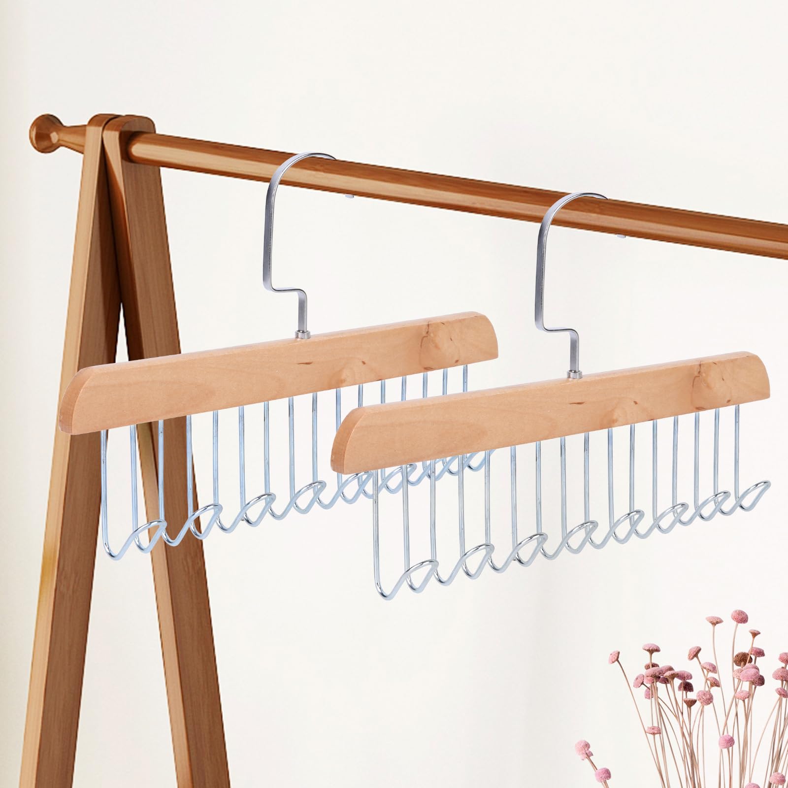 ICEBLUEOR 2 Pack Tie and Belt Hanger for Wardrobe - Anti-Slip Wooden Organiser With 8 Metal Hooks, 360° Rotating Space Saving Rack for Ties, Belts