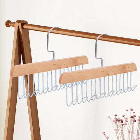 ICEBLUEOR 2 Pack Tie and Belt Hanger for Wardrobe - Anti-Slip Wooden Organiser With 8 Metal Hooks, 360° Rotating Space Saving Rack for Ties, Belts