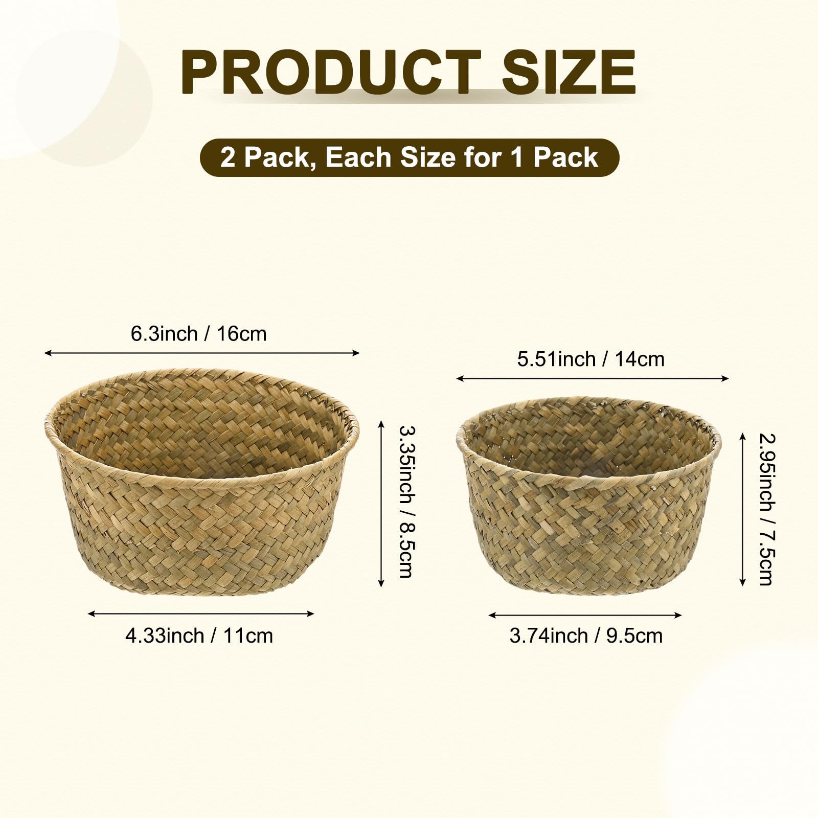 M METERXITY 2-Pack Natural Seagrass Woven Storage Basket, Small Round Storage Seaweed Woven Sundries Baskets for Fruit/Kitchen/Desktop/Household