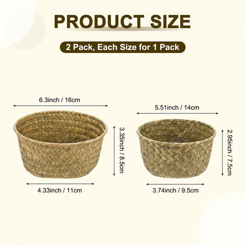 M METERXITY 2-Pack Natural Seagrass Woven Storage Basket, Small Round Storage Seaweed Woven Sundries Baskets for Fruit/Kitchen/Desktop/Household