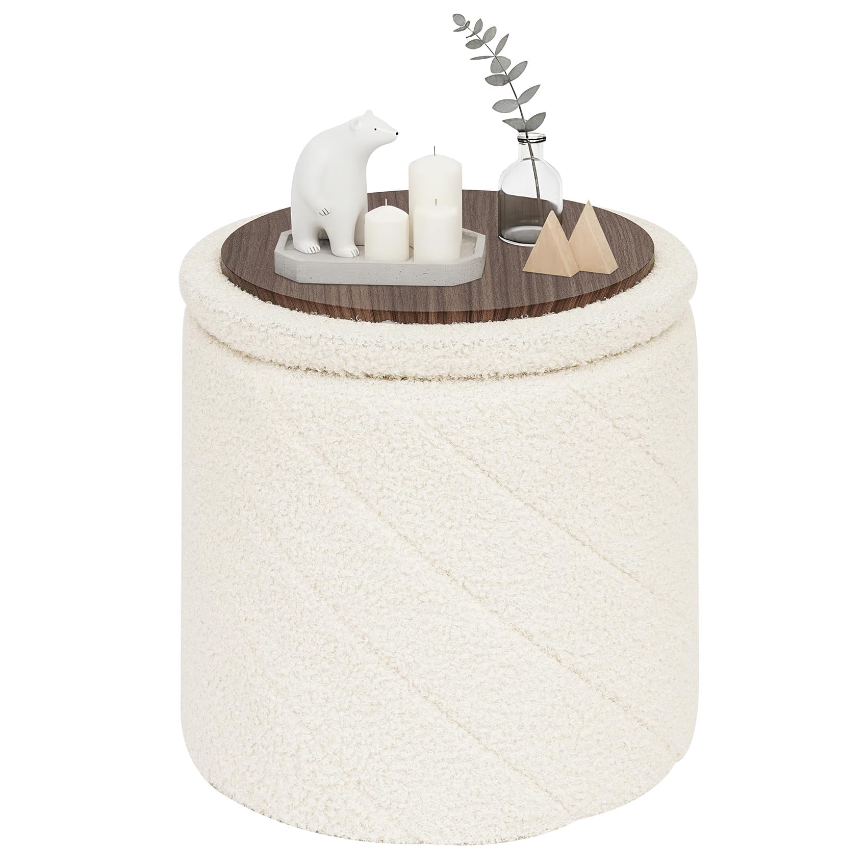 PINPLUS Round Ottoman Storage Box, Folding Stool, White, 33x33x35 cm