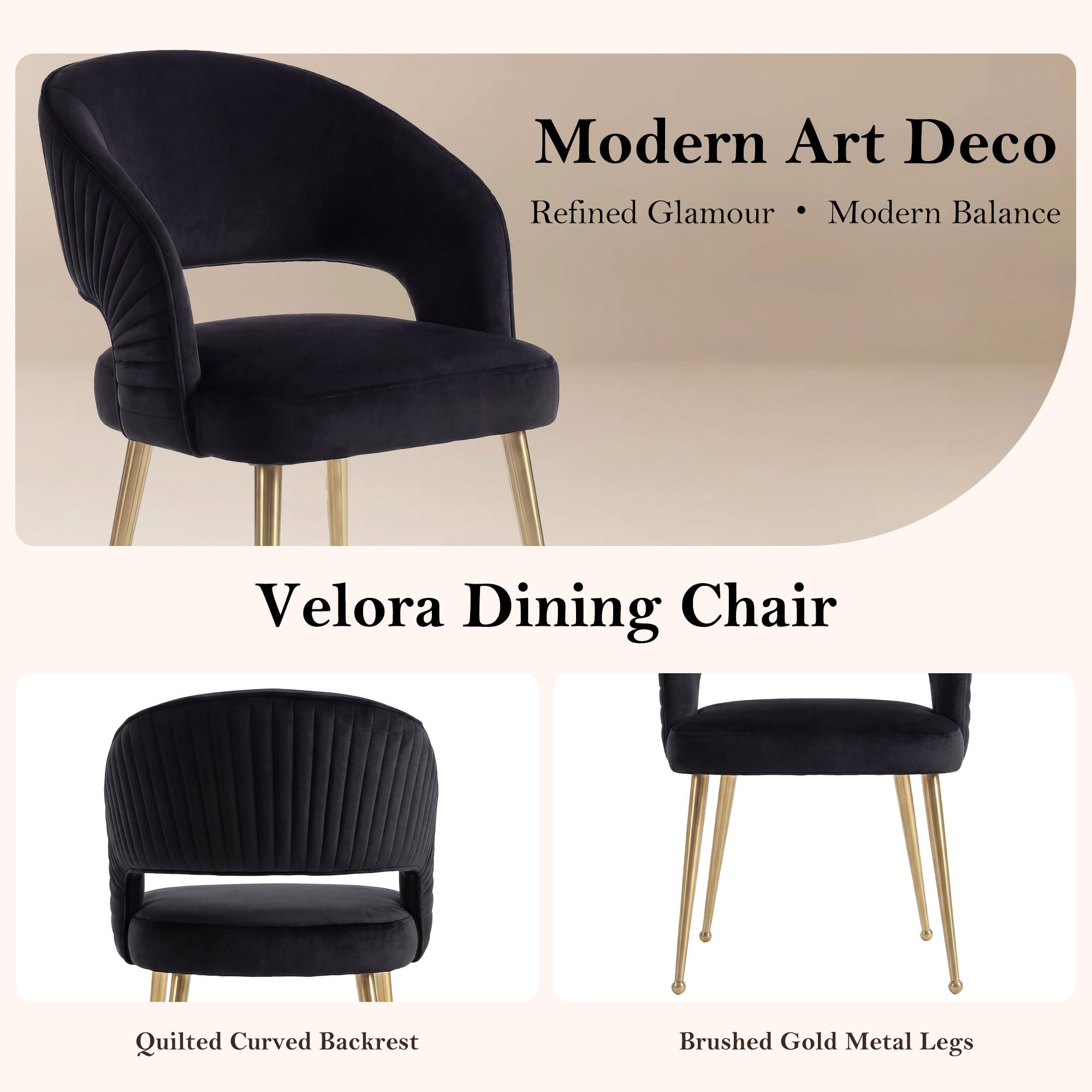 younturn Modern Velvet Upholstered Dining Chairs Set of 2, Comfortable Padded Kitchen Chairs with Armrests