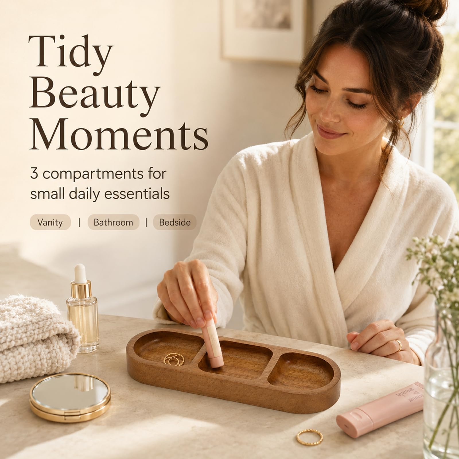 Wooden Bathroom Vanity Tray, Brown, 3 Compartments, Countertop Organiser