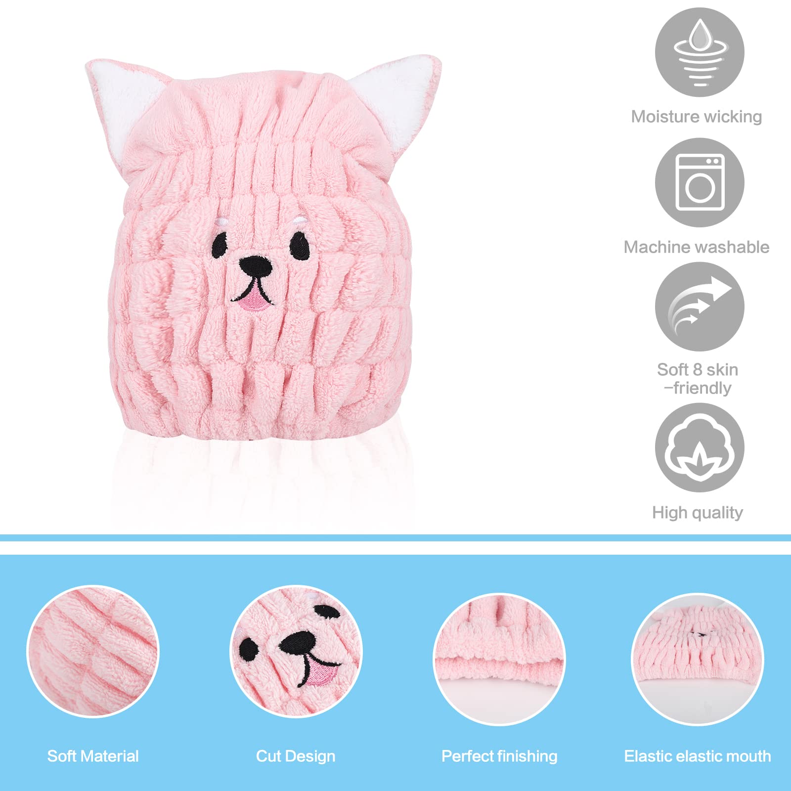 2-Piece Dry Hair Cap - Microfiber Quick Drying Bath Cap with Cute Cat Ears - Super Absorbent Hair Towel Wrap for Women & Girls