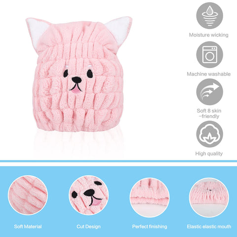 2-Piece Dry Hair Cap - Microfiber Quick Drying Bath Cap with Cute Cat Ears - Super Absorbent Hair Towel Wrap for Women & Girls