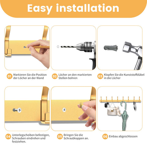MEIJO Coat Hooks Wall Mounted Stainless Steel, Gold Coat Rack Wall Mounted with 6 Hooks Heavy Duty Coat Hooks for Door, Bathroom, Bedroom, Kitchen