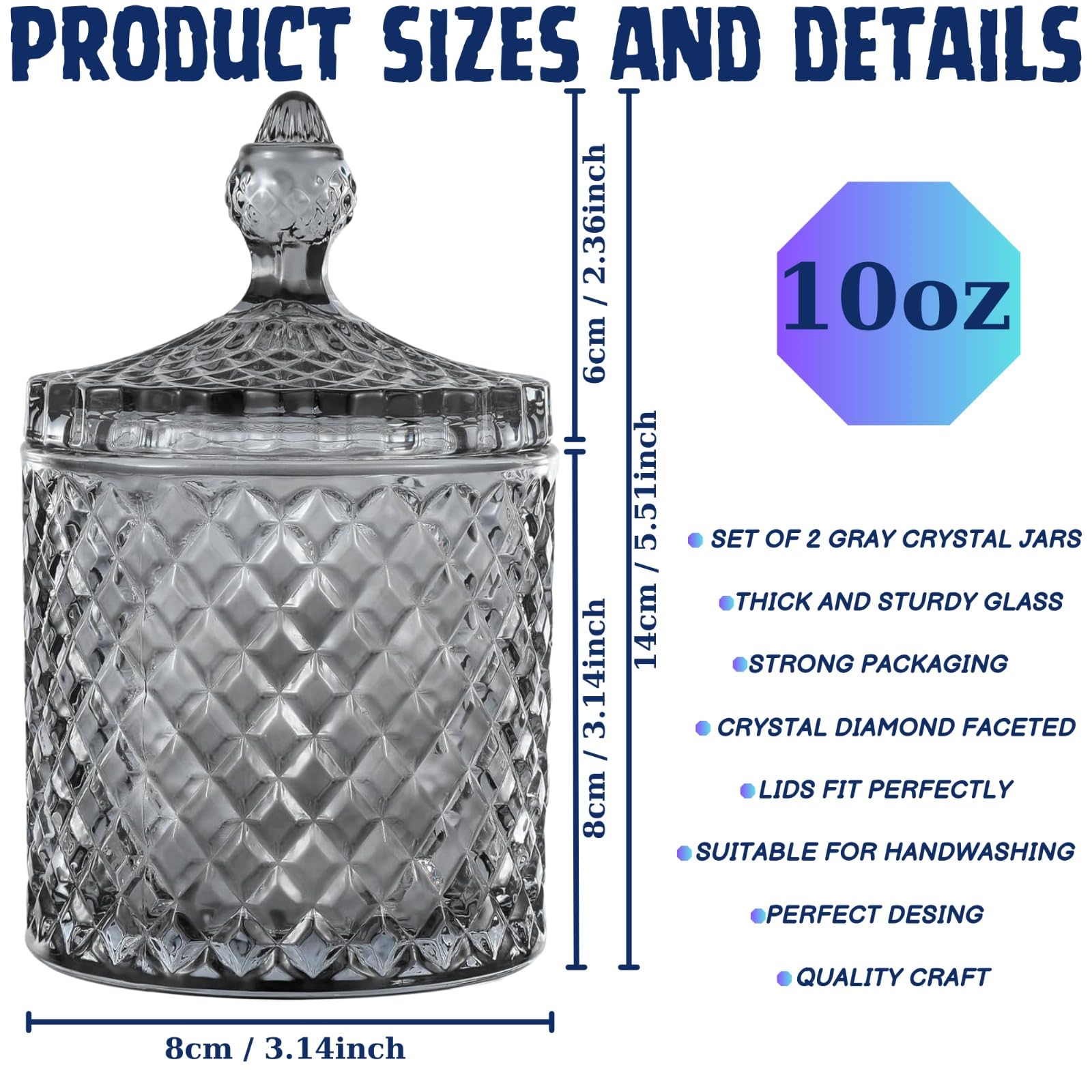 HANFCO® 2Pcs 10oz Glass Cotton Bud Holder Dispenser Cotton Pad Holder Grey Jars With Lid Bathroom Accessory Makeup Vanity Cotton Balls Wool Swab Pads