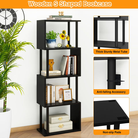 IBUYKE 5-Tier Tall Bookshelf,S-Shaped Geometric Bookcase,Black WBC015B