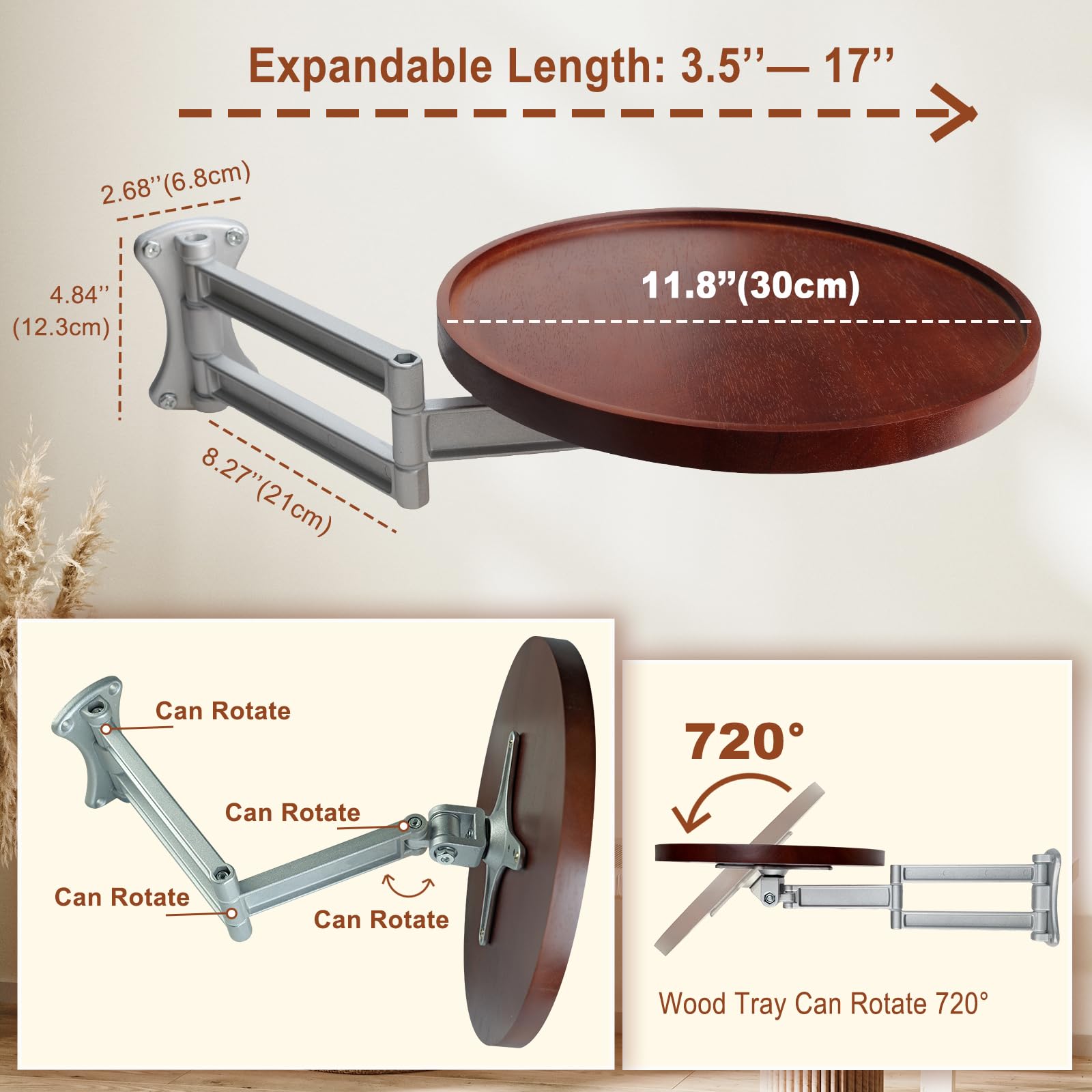 Vanpoo Wall Mounted Folding Table,Walnut Bedside Shelf Wall Mount Floating Wall Desk for Small Spaces,11.8" Round Wood TableTop with Aluminum Alloy