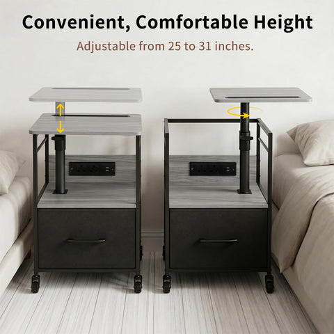 Bedside Table with Charging Station, Narrow Side Table on Wheels with Adjustable Swivel Top, Large Drawer Storage and 360° Rotating Tabletop