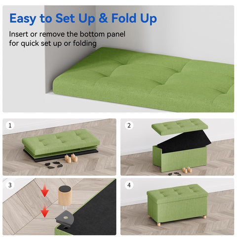 BRIAN & DANY Ottoman Storage Box with 4 Wood Legs, Linen Storage Ottoman for Living Room, Green, 76 x 38 x 38 cm