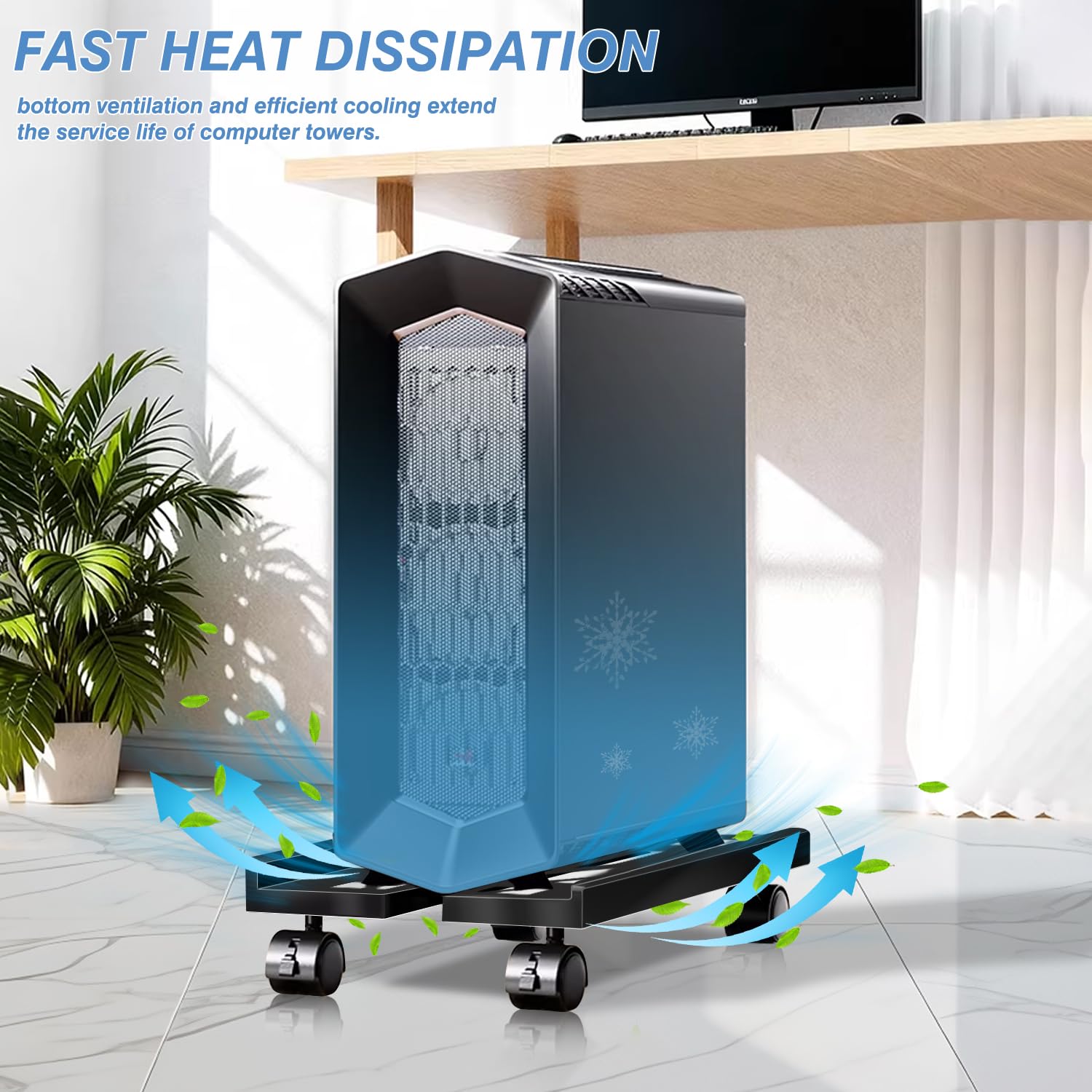 Hmseng Adjustable Pc Stand for Floor,Computer Tower Stand with 4 Rolling Caster Wheels, Mobile CPU Stand for Floor Carpet Gaming PC Case-Black