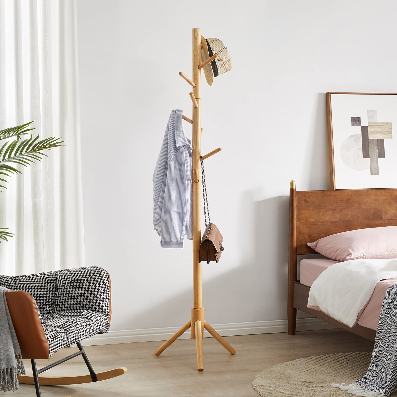 YMYNY Wooden Coat Rack Stand, Hall Tree Free Standing with 8 Hooks, Hallway Coat Hanger Hat Stand for Bag Umbrella Clothes Scarves, Adjustable Sizes