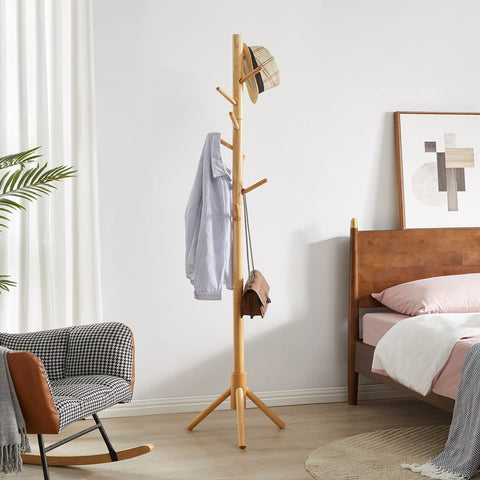 YMYNY Wooden Coat Rack Stand, Hall Tree Free Standing with 8 Hooks, Hallway Coat Hanger Hat Stand for Bag Umbrella Clothes Scarves, Adjustable Sizes