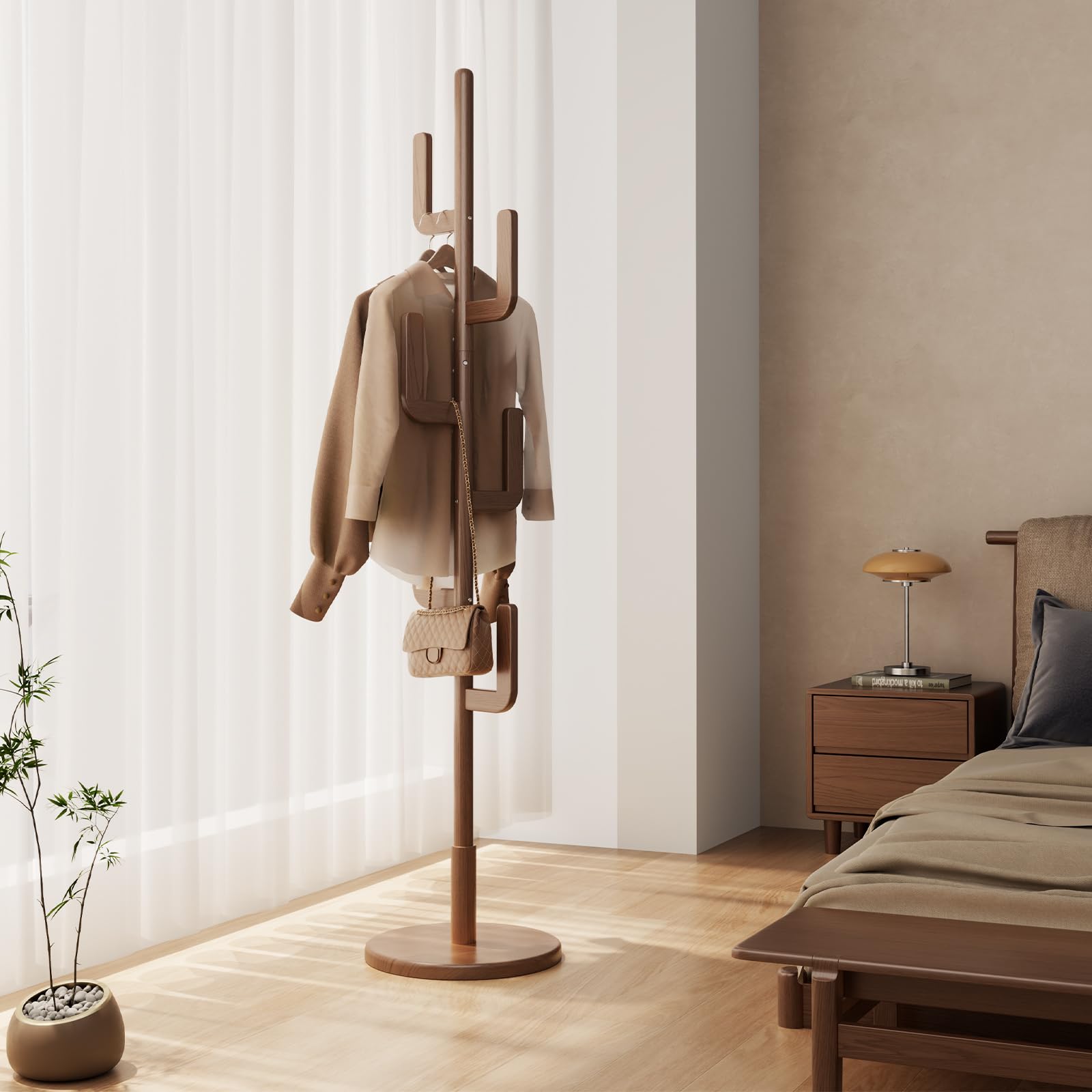 AQIMUELE Coat Stand, Woodem Coat Rack Stand - Cactus Design with 6 Hooks, Sturdy and Easy Assembly for Hallway Entryway, Hat Stand for Clothes