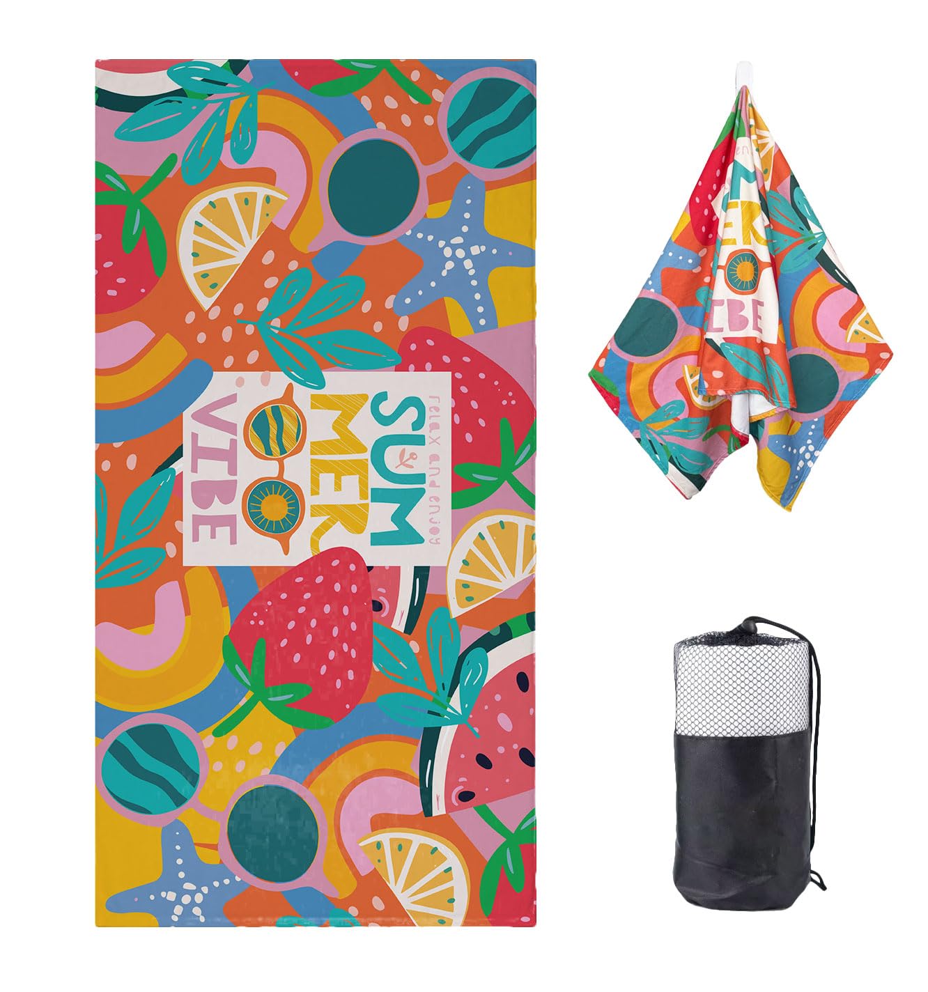DJDEA Fruits Microfibre Beach Towel 90x180cm, Soft Quick Dry Sandproof Adults Swim Towel with Net Bag for Beach Pool Spa Gym