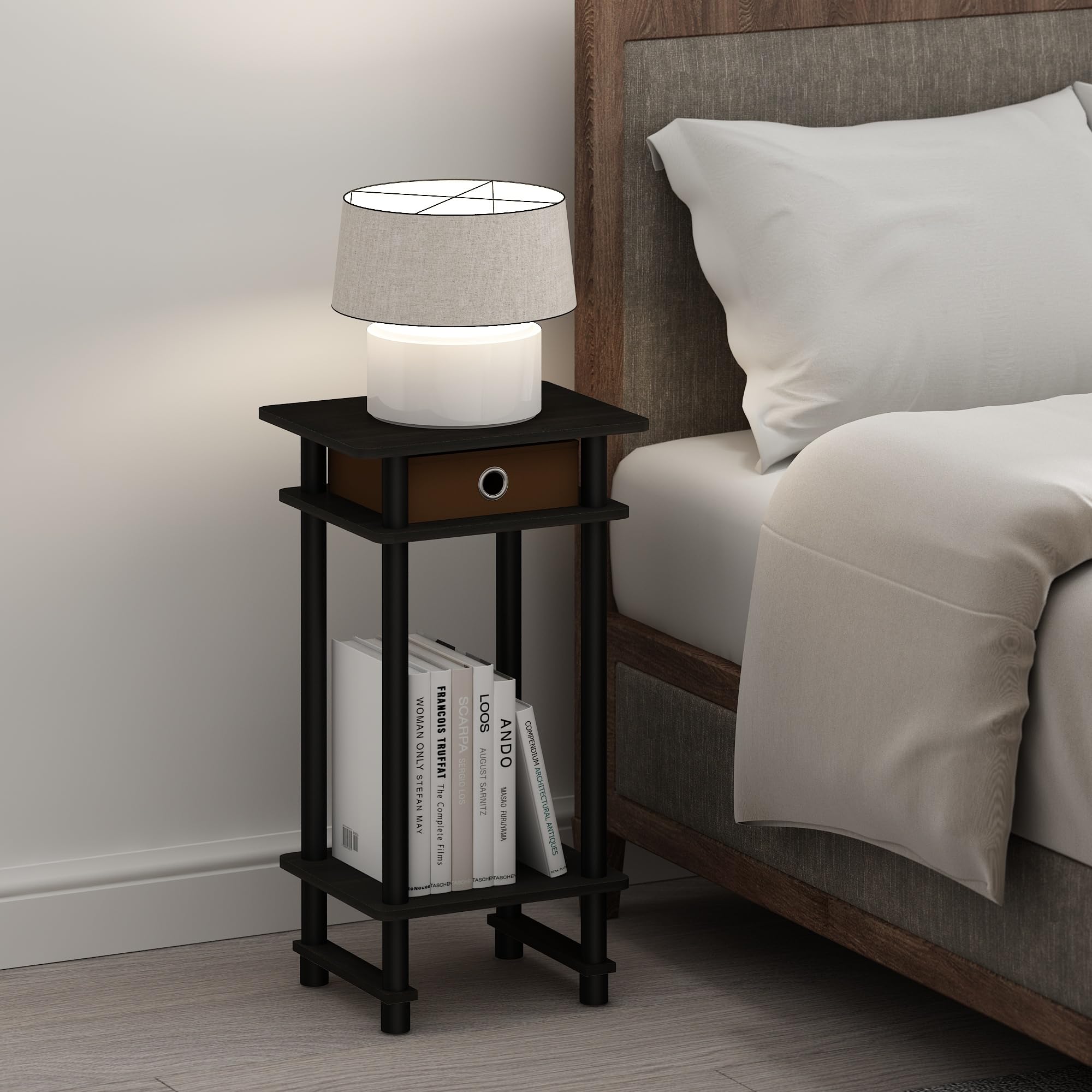 Furinno TURN-N-TUBE Night Stand, 3-Tier Open Shelf Design Nightstand with Storage Bin, Tall Narrow Bedside Table, End Table, Side Table