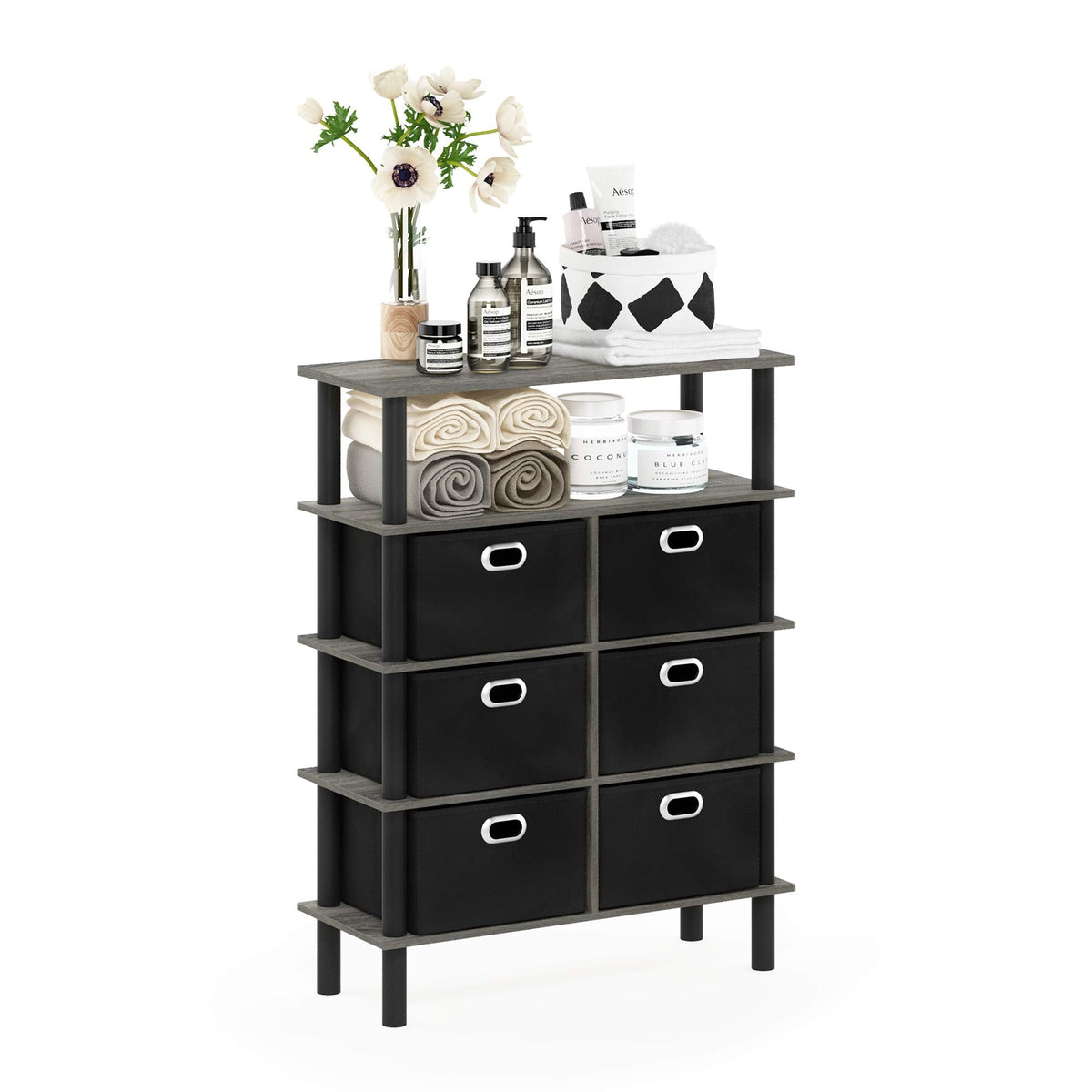 Furinno FRANS Entryway Table, 4-Tier Toolless Assembly Console Table with Drawer Storage Bins, Open Shelf Sofa Table, Side Table, for Living Room