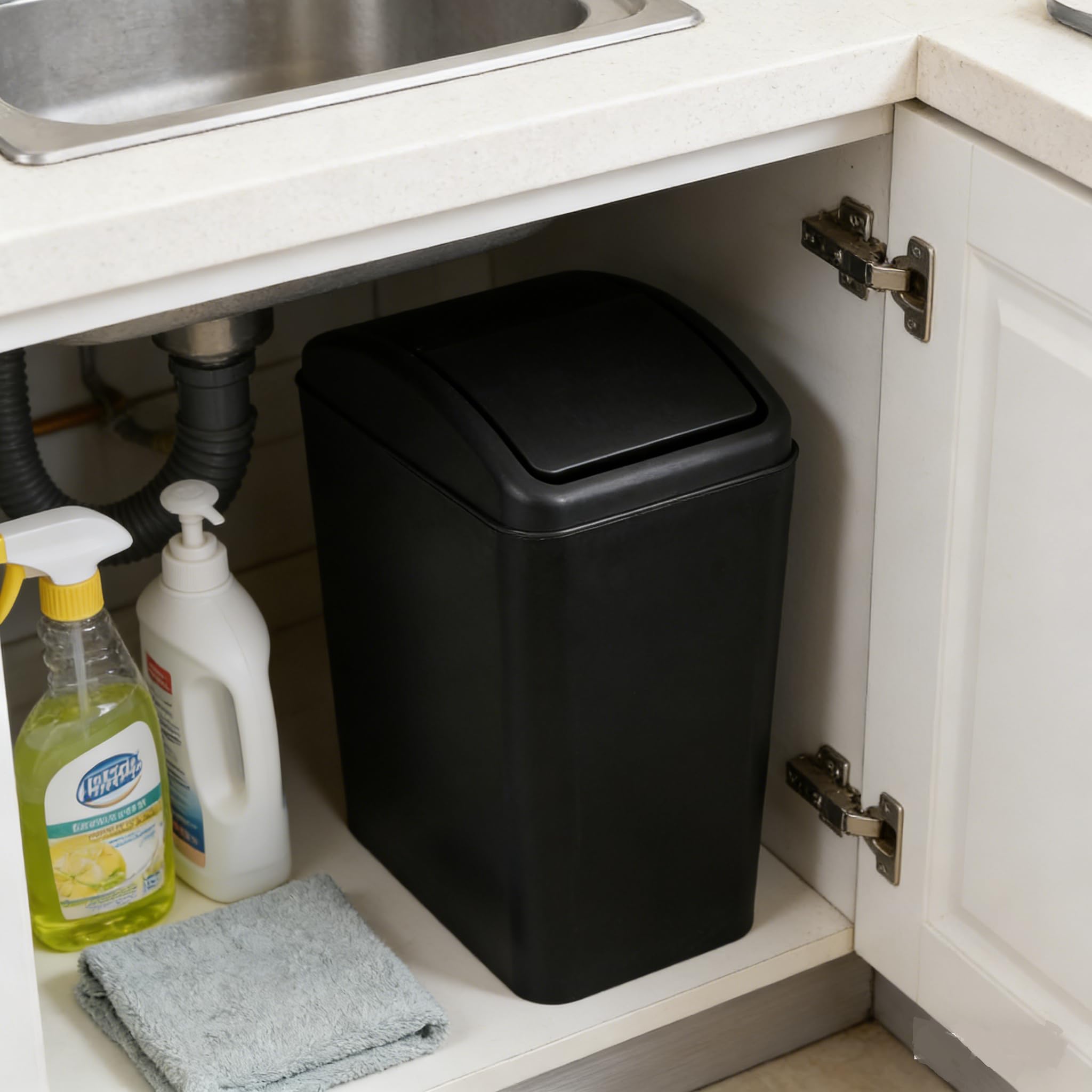 Afromy 15L Plastic Swing Top Trash Can, Slim Garbage Can, Black