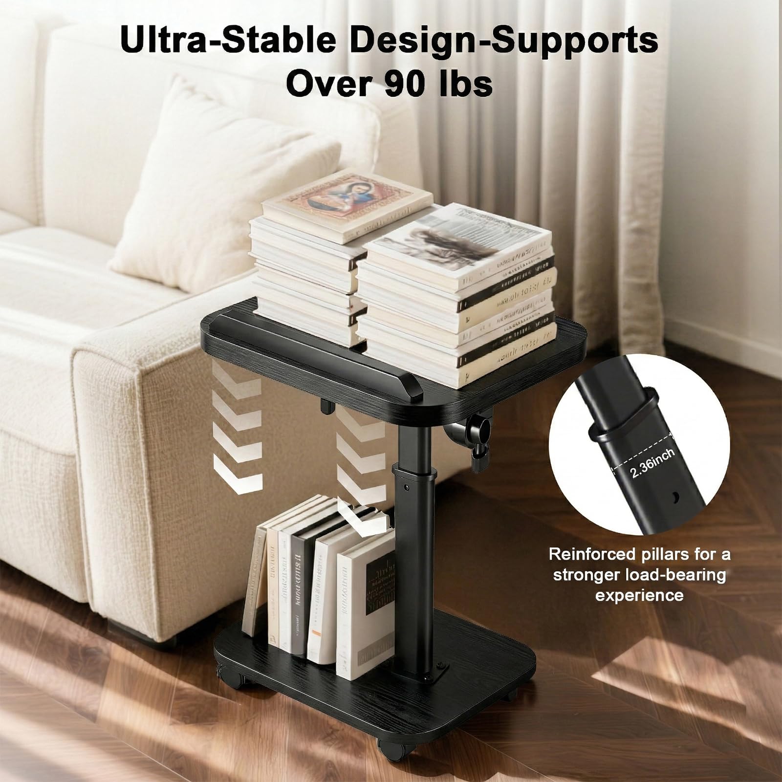 Lubeau Adjustable Side Table with Wheels, C Shaped Side Table Adjustable Height 180° Flip-Over Panel Design, End Table with Phone/Tablet Slot