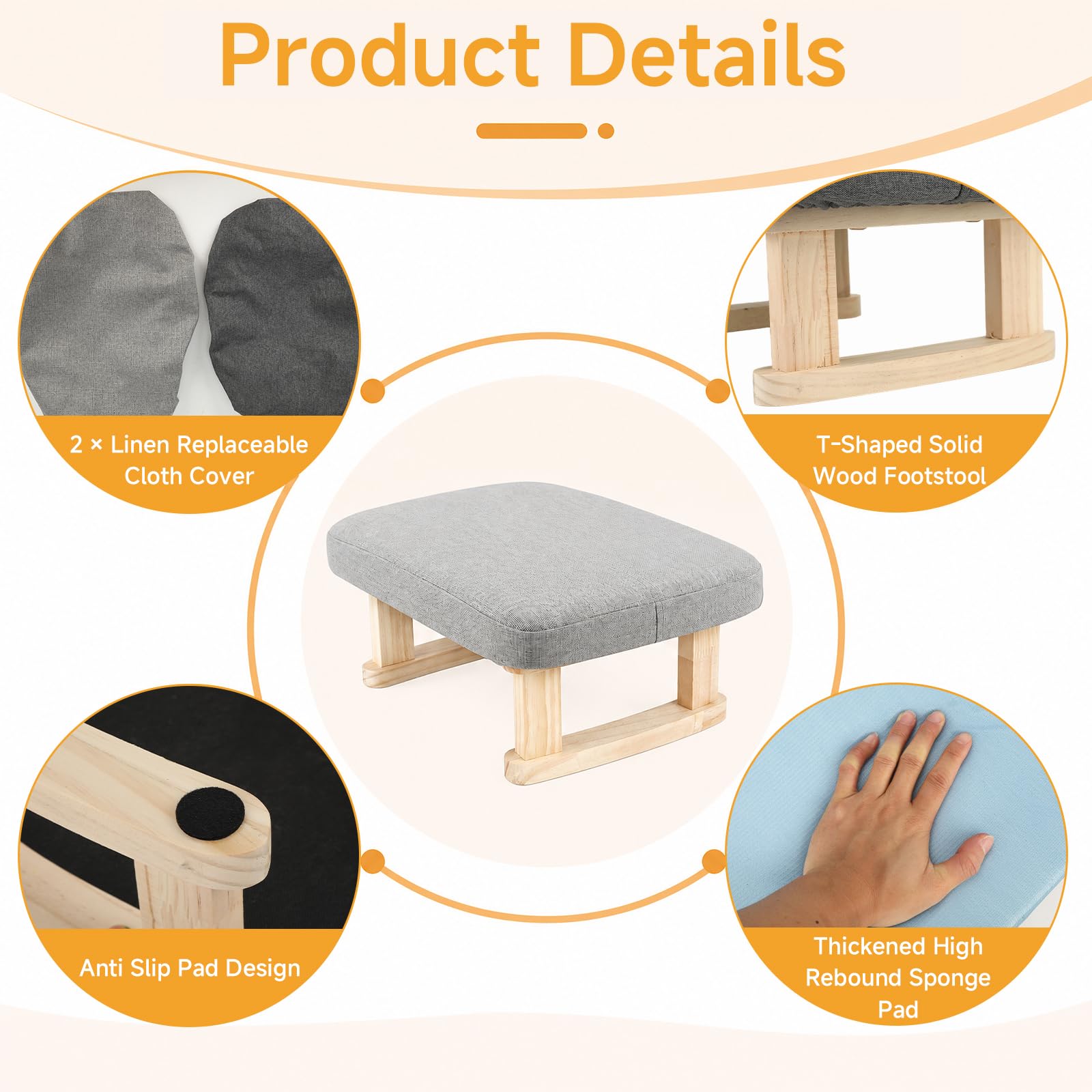 Foot Stool with 2 Linen Removable Cover, Solid Wooden, 18cm, Thickened