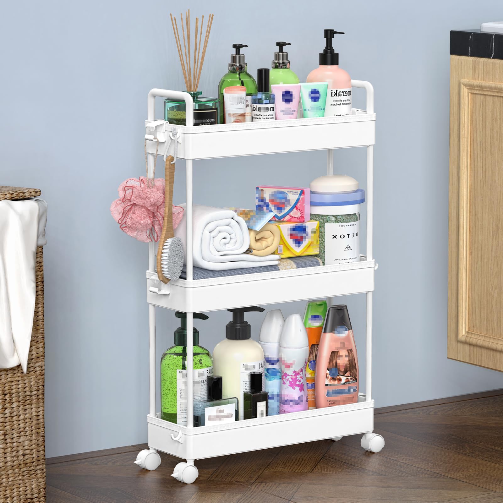 SOLEJAZZ Rolling Trolley, Kitchen Trolley with 3 Levels, Narrow Rolling Trolley, Recess Shelf on Wheels for Kitchen, Bathroom, Laundry Room