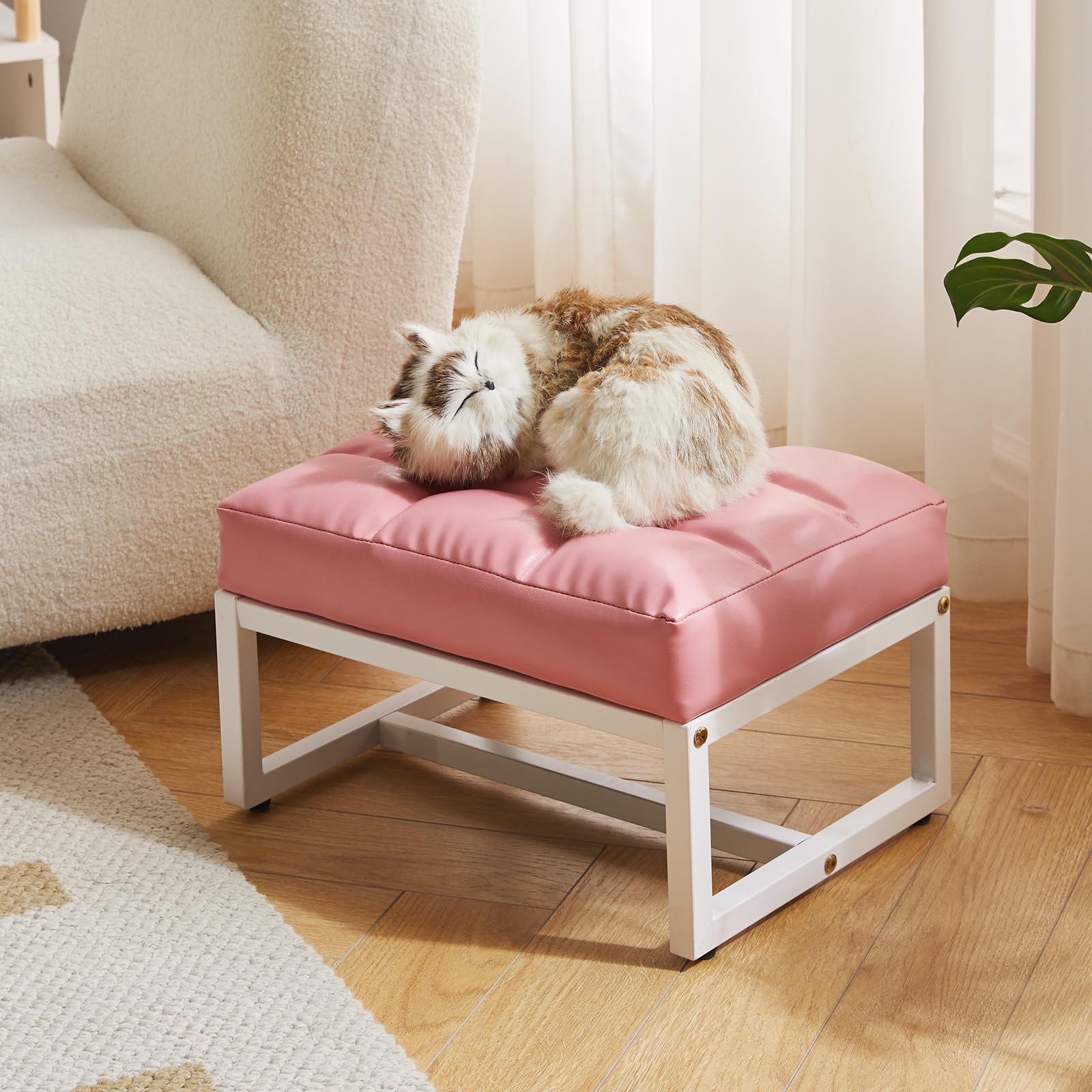 Aibiju Small Footstool, Rectangle Ottoman with Faux Leather Padded Seat, Change Shoes Stool