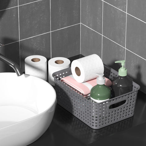 Vareone Plastic Storage Basket with handles, Stackable and Nestable Medium basket for Bathrooms, Bedroom and Kitchen, L25 x W19.5 x H10 cm (6 Pack)