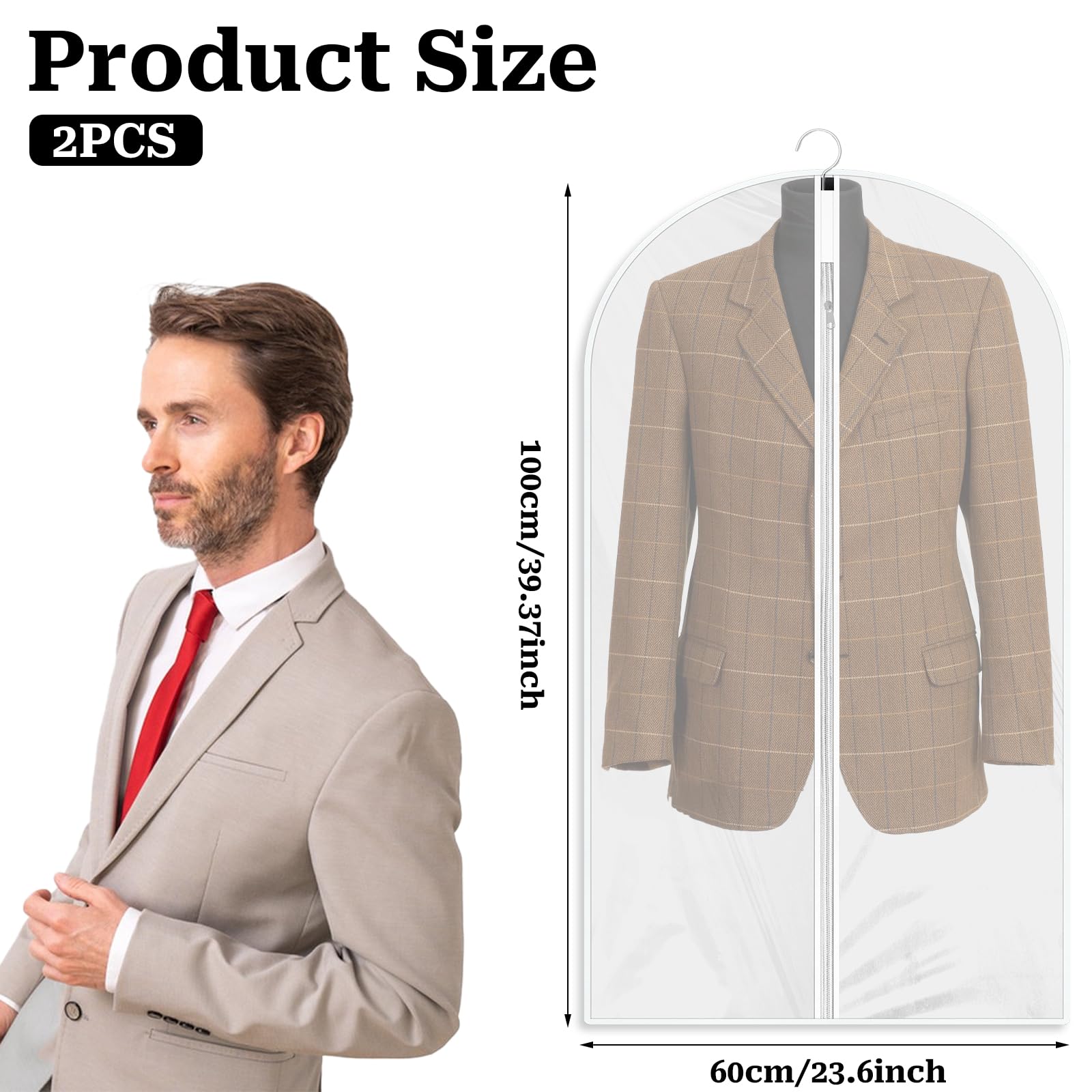 Garment Bags 2 PCS Dustproof Clothes Covers Waterproof Moth Proof Coat Bag with Zip Translucent Suit Cover Bags Anti-Mite Breathable Protector for