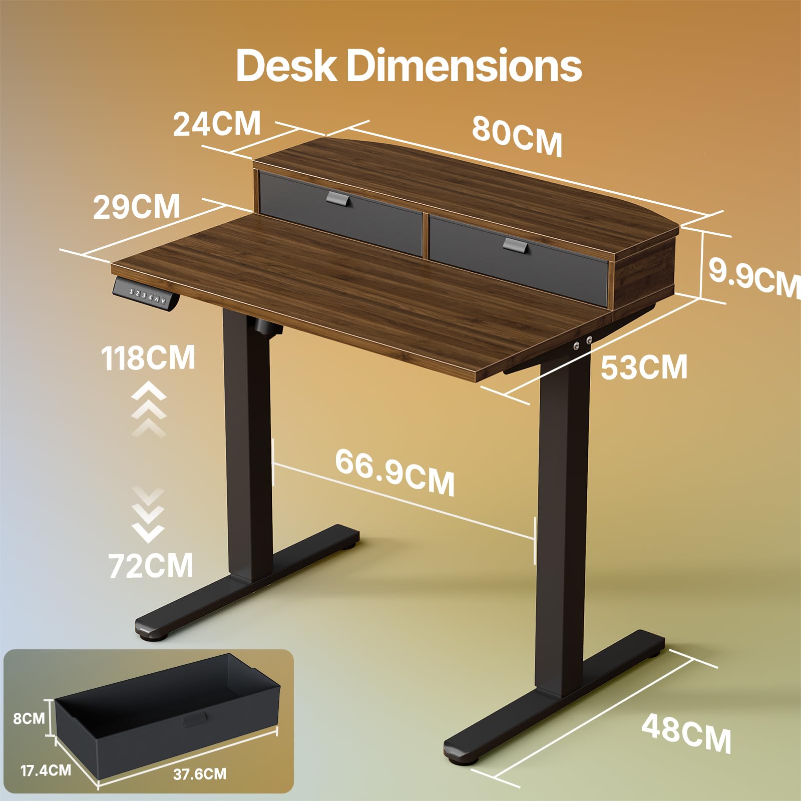 HUANUO Standing Desk with Drawers, 80x53cm, Walnut