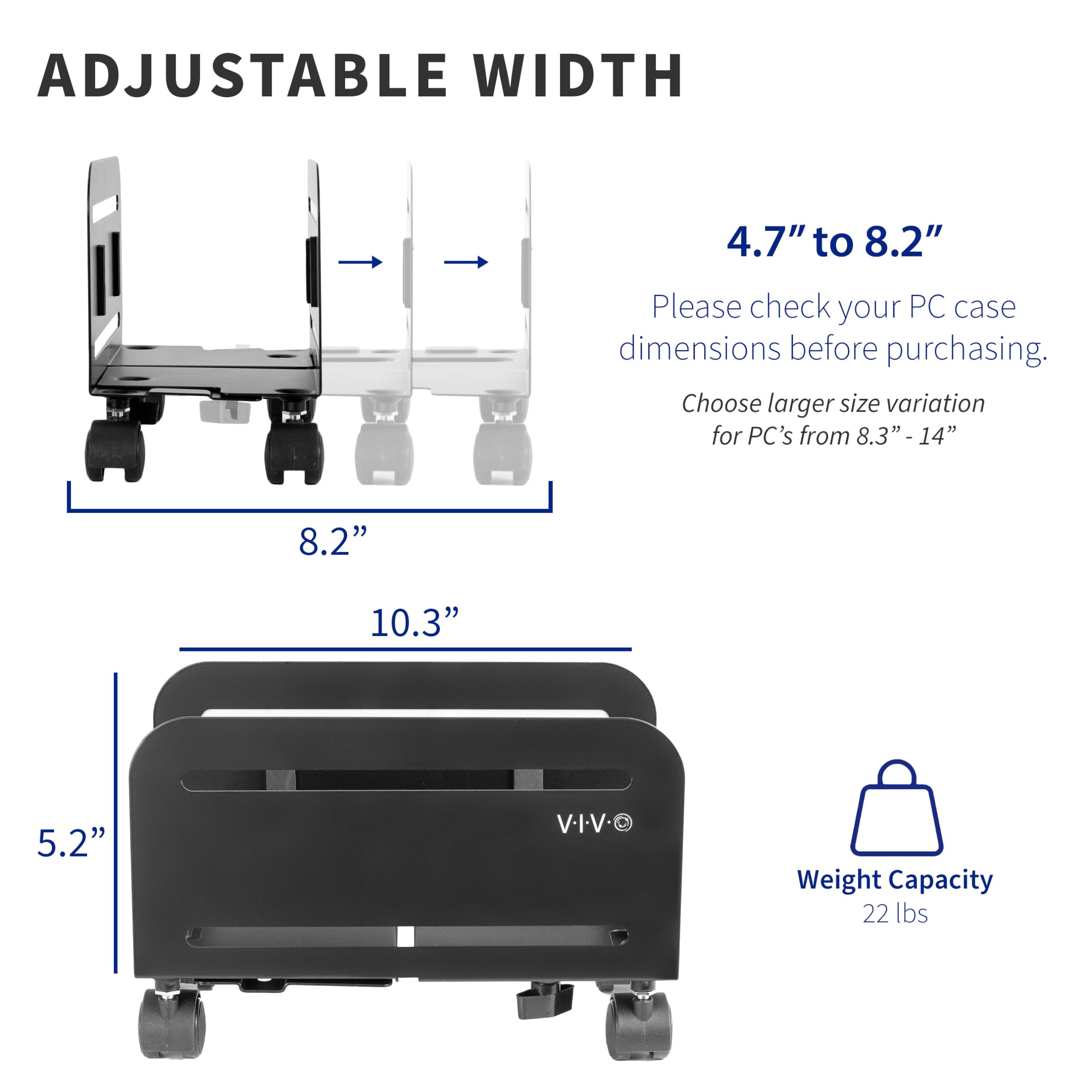 VIVO Computer Tower Desktop ATX-Case, CPU Steel Rolling Stand, 4.7 to 8.2 inch Wide Adjustable Mobile Cart Holder with Locking Caster Wheels