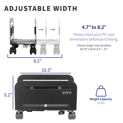 VIVO Computer Tower Desktop ATX-Case, CPU Steel Rolling Stand, 4.7 to 8.2 inch Wide Adjustable Mobile Cart Holder with Locking Caster Wheels