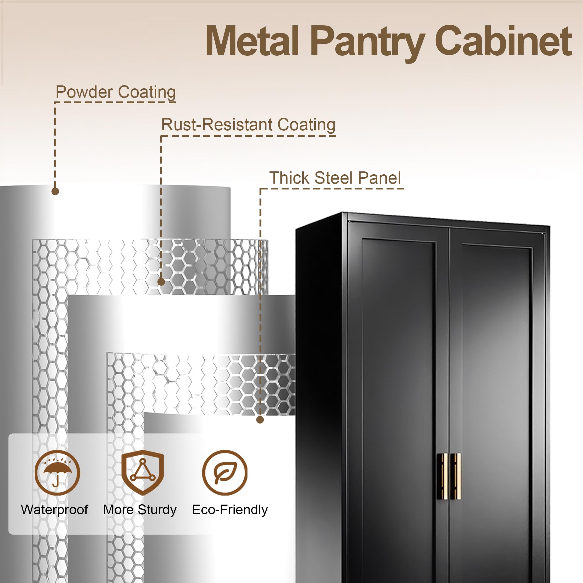 Tall Kitchen Cupboard, 180cm Metal Storage Cabinet, Black, 180*70*35cm