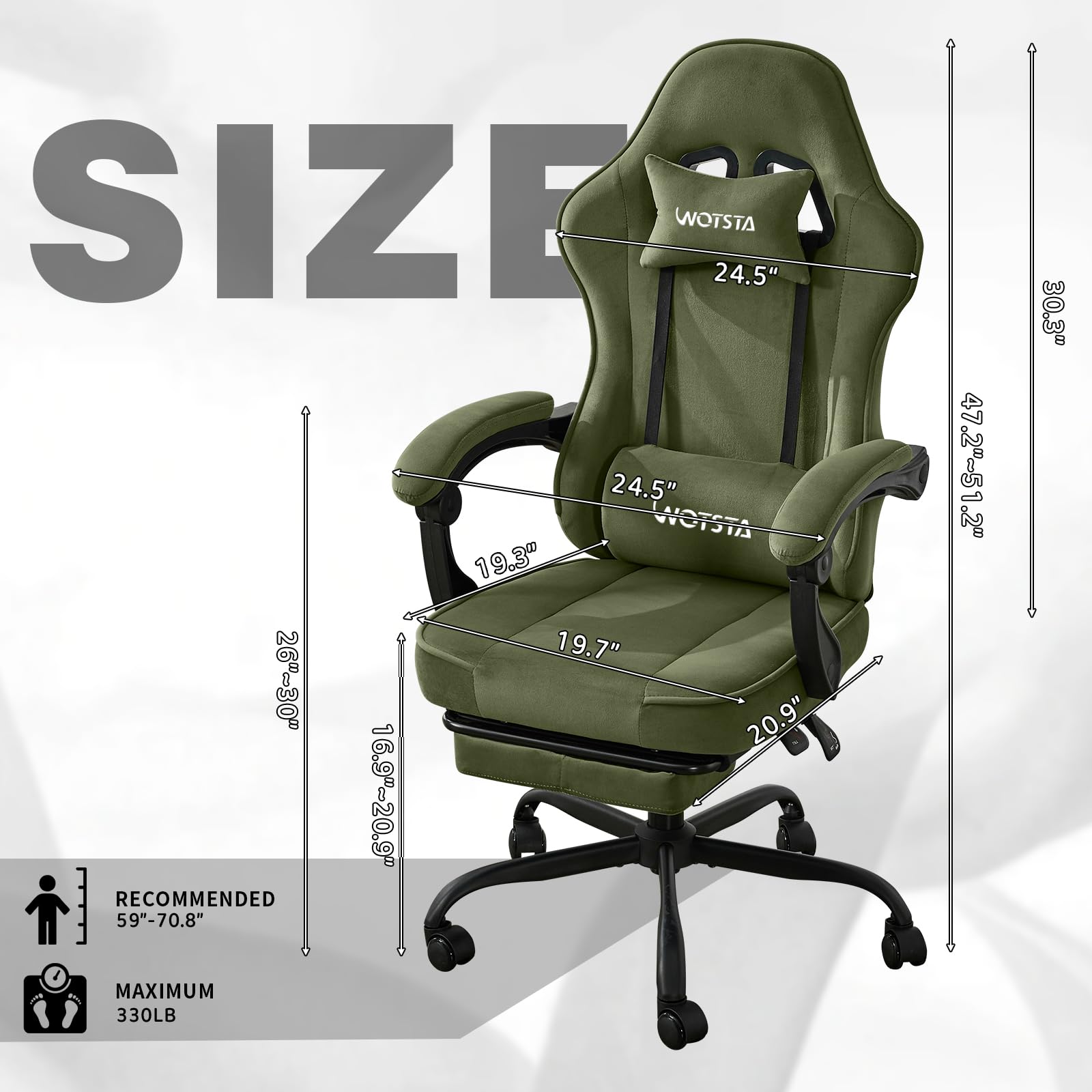 WOTSTA Gaming Chair for Adults, Ergonomic Gaming Chair with Footrest, Lumbar Support and Headrest, Adjustable Height computer chairs gaming