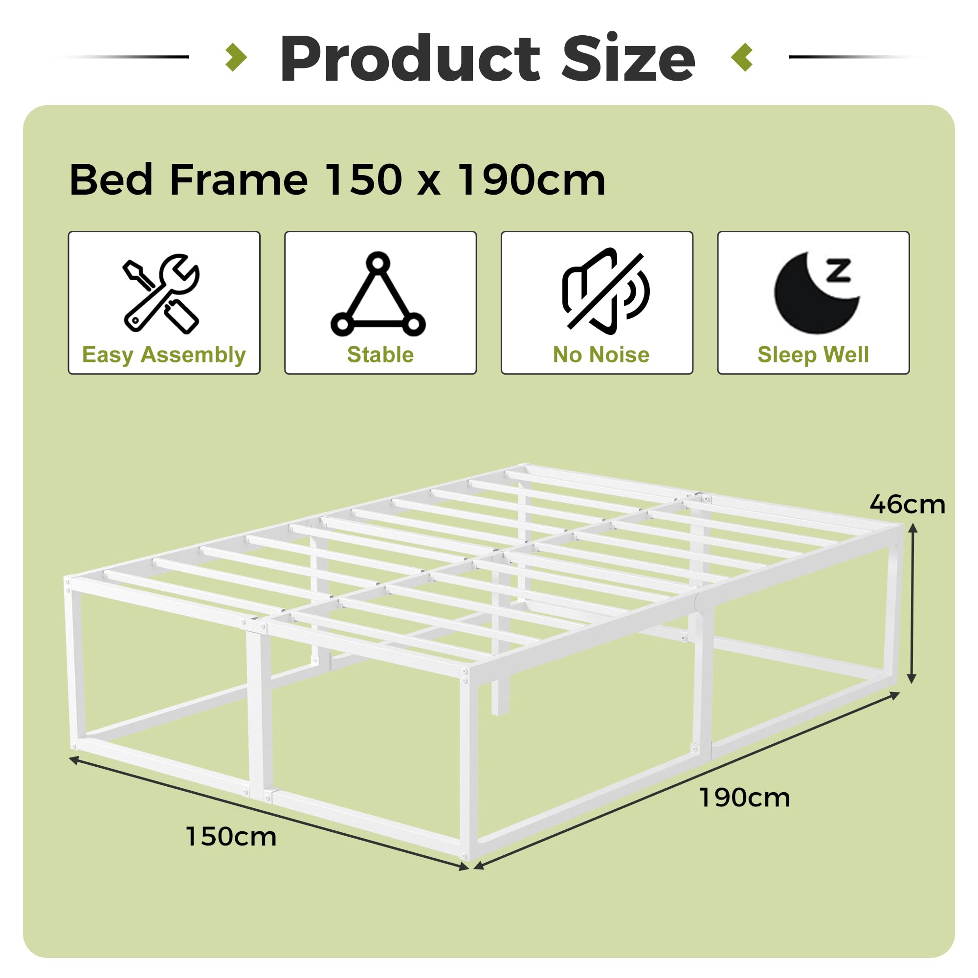 EMODA 46 cm High Metal Bed Frame 150x190 cm, White