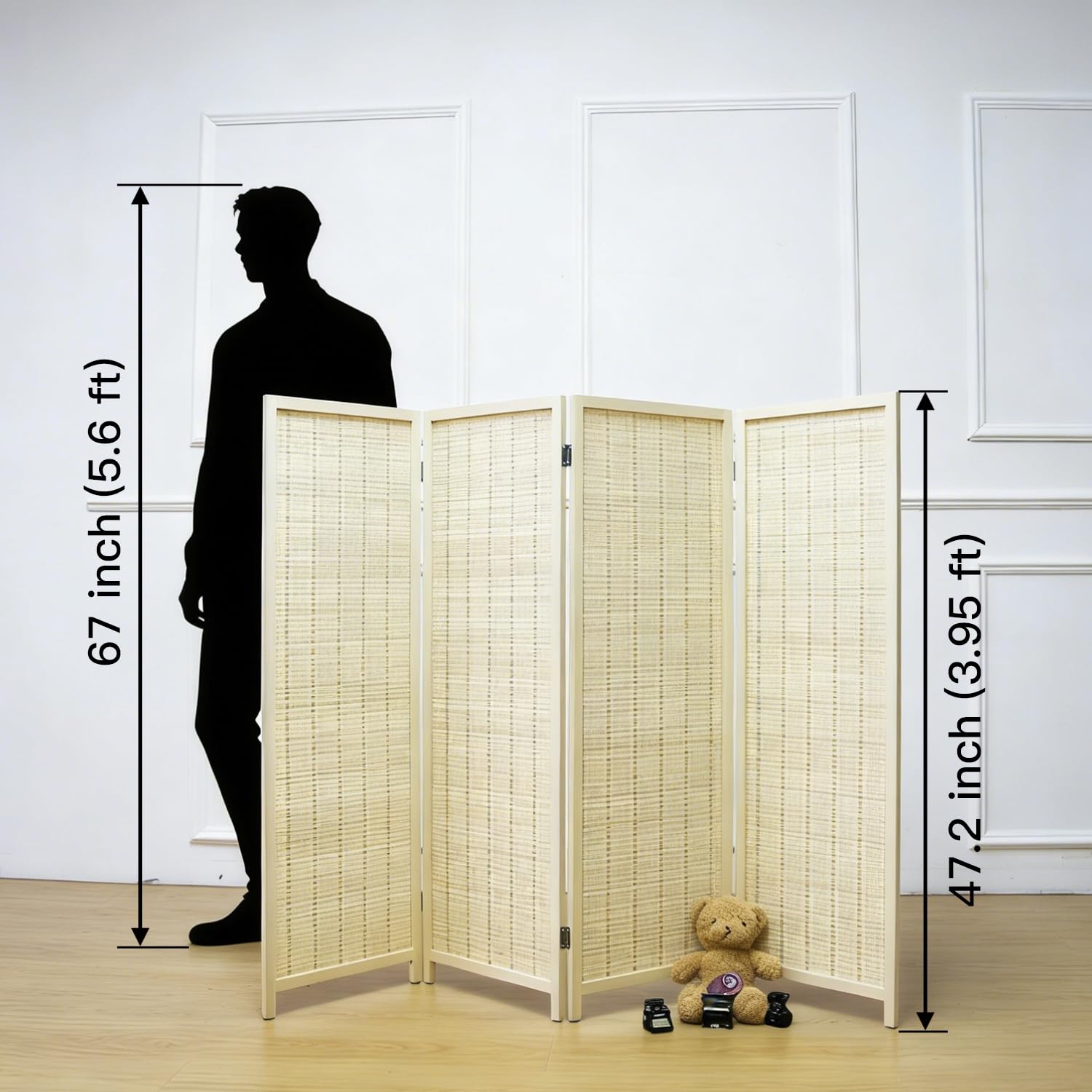 Furnnylane 4 Panel Bamboo Room Divider Short Folding Screen Divider,Double Sided Bamboo Divider Screen for Room Separation,Beige,120 cm H x 156 cm W