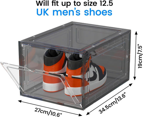 Unique Impression 8 Pack Grey Stackable Shoe Storage Boxes - Plastic Trainer Storage Boxes - Transparent Shoe Display Containers