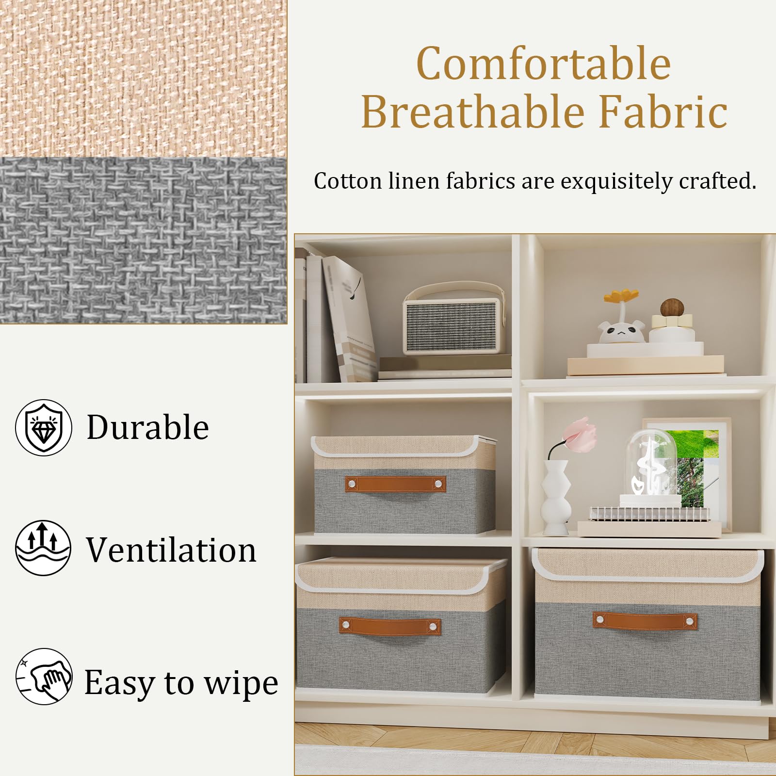 OUTBROS 2 Pack Fabric Storage Boxes with lids, 45x30x30cm Beige/Grey