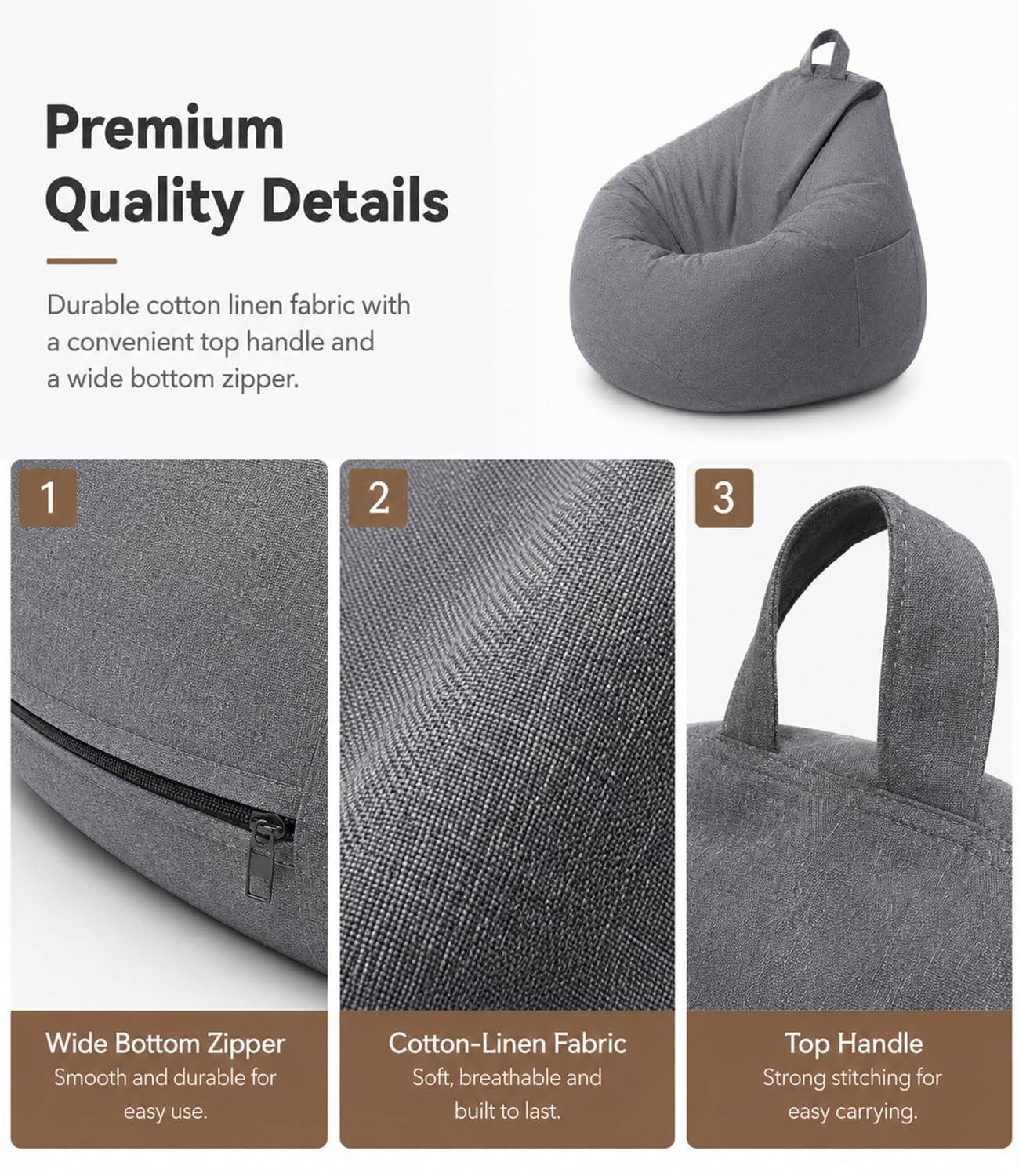 Highdi Bean Bag Without Fillings - Cotton Linen Durable & Comfortable, Storage Grey Bean Bag Chair for Living Room/Bedroom/Gaming Room
